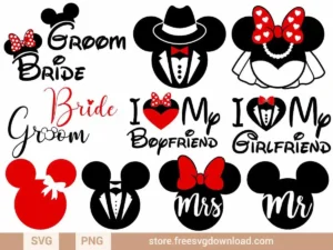 Mickey Groom Minnie Bride SVG Bundle featuring wedding-themed designs with Mickey and Minnie icons, bride and groom text, tuxedos, veils, and romantic phrases like "Mr & Mrs" and "I Love My Boyfriend/Girlfriend."