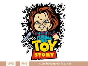 Chucky Toy Story SVG design featuring a spooky Chucky in a Toy Story-inspired graphic for Halloween crafting.