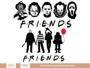 Friends Horror Movie SVG featuring iconic characters like Jason Voorhees, Freddy Krueger, Pennywise, Michael Myers, and Ghostface with the Friends logo theme.