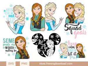 Frozen SVG Bundle featuring various designs of Elsa and Anna, with snowflake accents, inspirational quotes like "Keep Calm and Let It Go" and "Some People Are Worth Melting For," and group-themed graphics such as "Squad Goals."