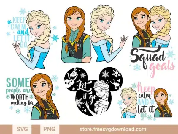 Frozen SVG Bundle featuring various designs of Elsa and Anna, with snowflake accents, inspirational quotes like "Keep Calm and Let It Go" and "Some People Are Worth Melting For," and group-themed graphics such as "Squad Goals."