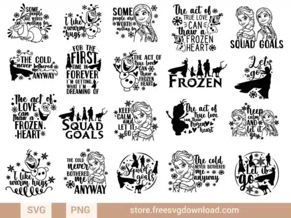 Frozen SVG Bundle with Elsa, Anna, Olaf, and winter-themed quotes like "Let It Go" and "The Cold Never Bothered Me Anyway."