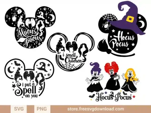 Hocus Pocus Mickey Mouse SVG Bundle featuring Sanderson sisters in Minnie Mouse form with Halloween-themed elements.