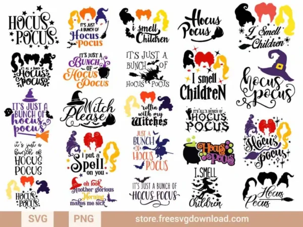 Hocus Pocus SVG Bundle featuring Sanderson sisters' silhouettes, witch hats, cauldrons, and quotes like "I Smell Children" and "It's Just a Bunch of Hocus Pocus."
