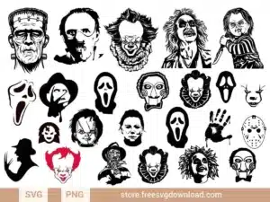 Collection of horror movie SVG designs featuring iconic characters like Pennywise, Michael Myers, Chucky, and Beetlejuice.