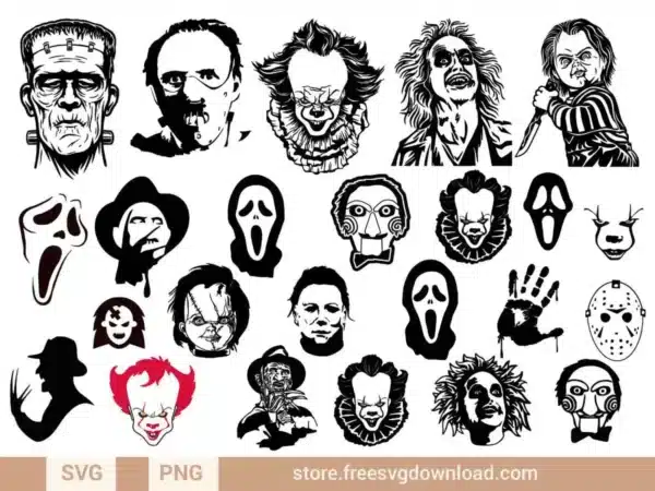 Collection of horror movie SVG designs featuring iconic characters like Pennywise, Michael Myers, Chucky, and Beetlejuice.