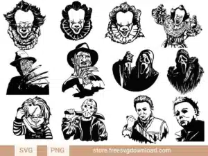 Horror Movie SVG Bundle featuring iconic villains like Pennywise, Freddy Krueger, Ghostface, and more