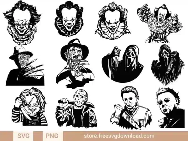 Horror Movie SVG Bundle featuring iconic villains like Pennywise, Freddy Krueger, Ghostface, and more