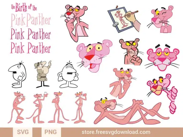 Pink Panther SVG Bundle featuring cartoon-inspired designs of the Pink Panther and characters.