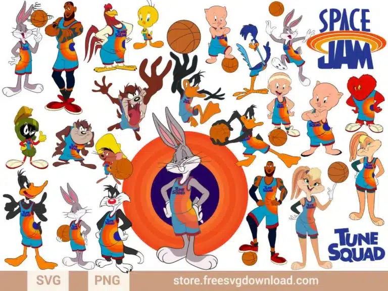 Space Jam New Legacy SVG Bundle featuring Tune Squad characters and basketball-themed designs.