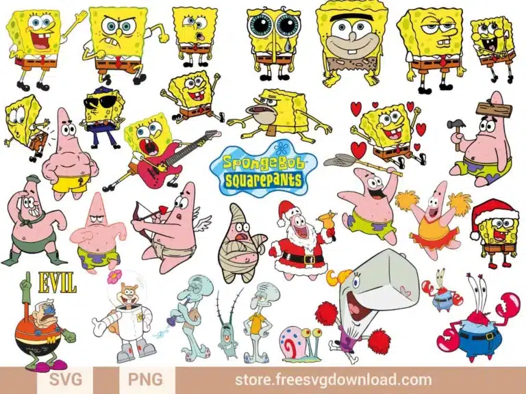 SpongeBob SVG Bundle featuring SpongeBob and friends in vibrant cartoon designs for crafting.