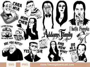 Addams Family SVG Bundle featuring Gomez, Morticia, Wednesday, Uncle Fester, and darkly humorous quotes
