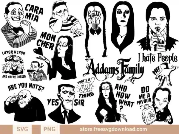 Addams Family SVG Bundle featuring Gomez, Morticia, Wednesday, Uncle Fester, and darkly humorous quotes