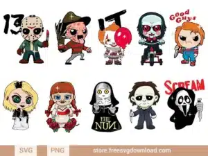 Halloween Horror Kids SVG Bundle featuring cute chibi-style versions of classic horror movie characters