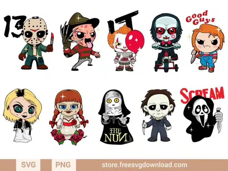Halloween Horror Kids SVG Bundle featuring cute chibi-style versions of classic horror movie characters