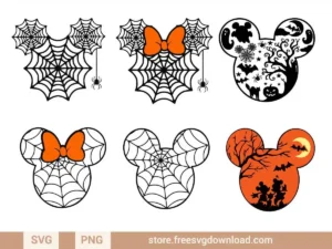 Mickey Head Halloween SVG Bundle featuring spider webs, pumpkins, bats, and haunted Halloween designs