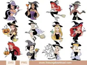 Princess Halloween SVG Bundle featuring Disney princesses in witch costumes