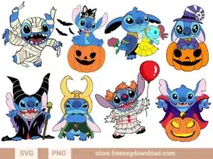 Stitch dressed in various Halloween costumes, including a mummy, witch, vampire, and clown, perfect for spooky seasonal crafts.