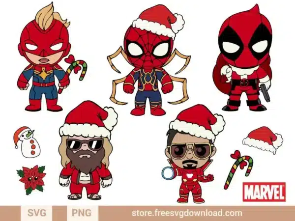 Avengers Christmas SVG Bundle featuring chibi Spider-Man, Captain Marvel, Iron Man, Thor, and Deadpool in festive outfits