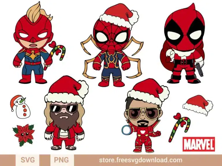Avengers Christmas SVG Bundle featuring chibi Spider-Man, Captain Marvel, Iron Man, Thor, and Deadpool in festive outfits