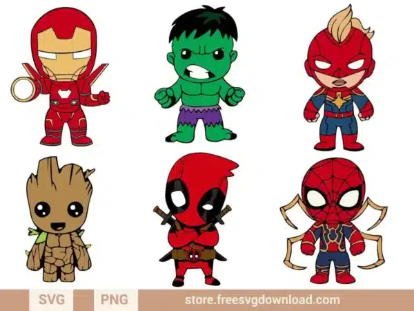 Baby Avengers SVG Bundle featuring cute chibi versions of Marvel superheroes like Iron Man, Hulk, Groot, and Spider-Man