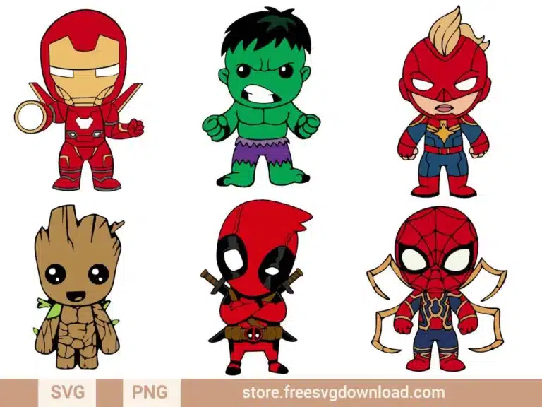 Baby Avengers SVG Bundle featuring cute chibi versions of Marvel superheroes like Iron Man, Hulk, Groot, and Spider-Man