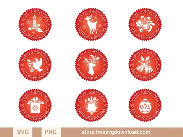 Christmas Badges SVG Bundle featuring festive icons like reindeer, bells, and gifts in circular badge designs