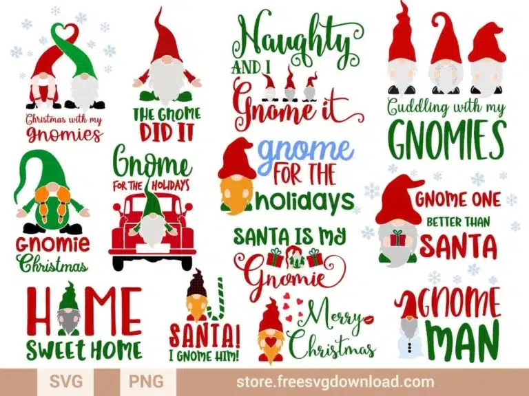 Christmas Gnomes SVG Bundle featuring festive gnome designs and holiday-themed phrases