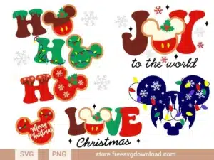 Christmas Mickey Mouse SVG Bundle featuring festive designs with Mickey silhouettes, lights, snowflakes, and holiday phrases