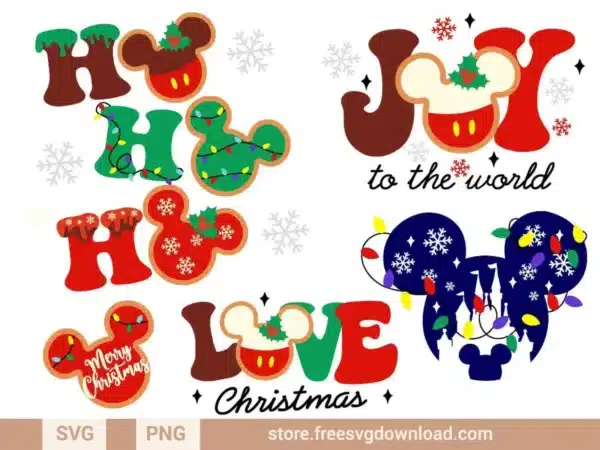 Christmas Mickey Mouse SVG Bundle featuring festive designs with Mickey silhouettes, lights, snowflakes, and holiday phrases