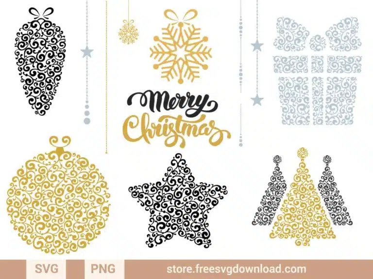 Christmas Paper Cut SVG Bundle featuring intricate ornaments, festive trees, and decorative holiday elements