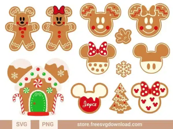 Gingerbread Mickey Mouse SVG Bundle featuring festive designs of gingerbread cookies shaped like Mickey and Minnie, candy canes, Christmas trees, snowflakes, and a gingerbread house.
