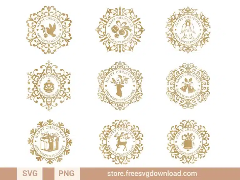 Gold Christmas Badges SVG Bundle featuring intricate festive designs for gift tags, décor, and digital projects