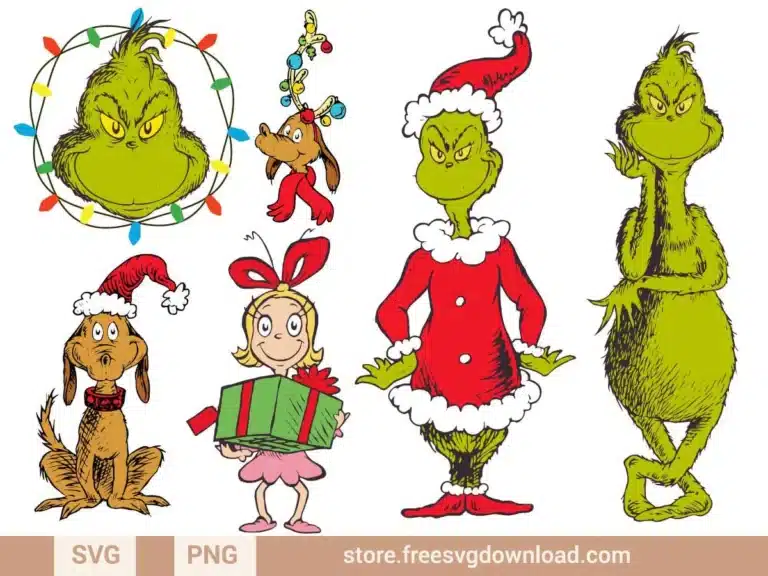 Grinch SVG Bundle 2 featuring the Grinch, Max the dog, and Cindy Lou Who in festive poses