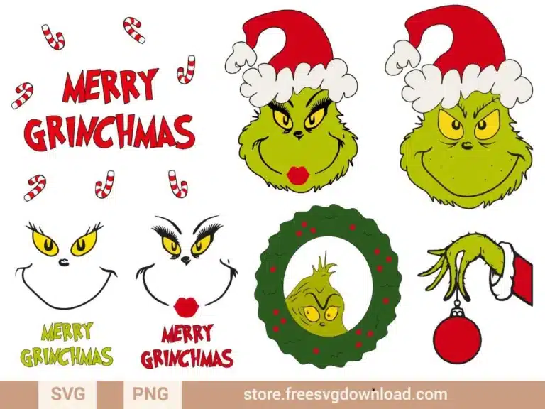 Grinch SVG Bundle with Grinch faces, Merry Grinchmas text, and holiday-themed icons