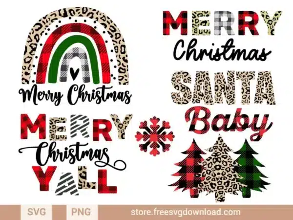 Leopard Buffalo Plaid Christmas SVG Bundle featuring buffalo plaid trees, leopard print text, and holiday phrases