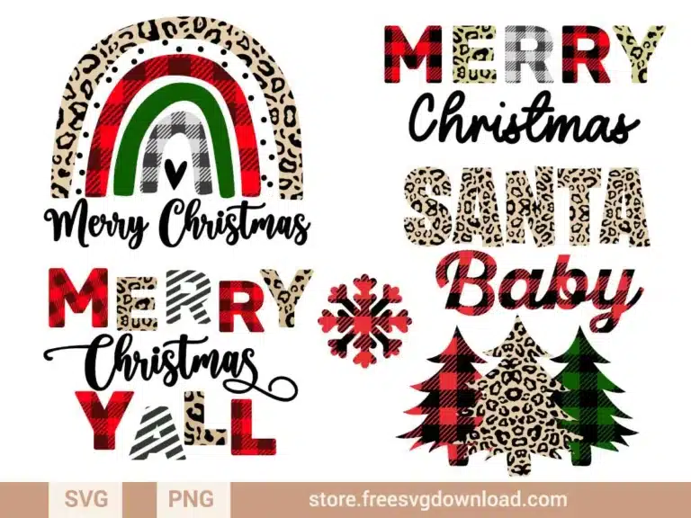 Leopard Buffalo Plaid Christmas SVG Bundle featuring buffalo plaid trees, leopard print text, and holiday phrases