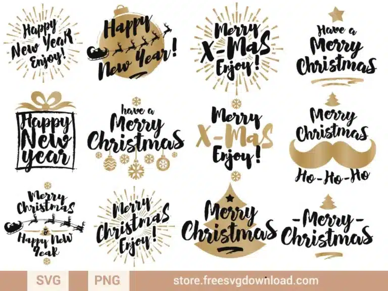 Merry Christmas Gold SVG Bundle featuring elegant gold-accented holiday and New Year phrases