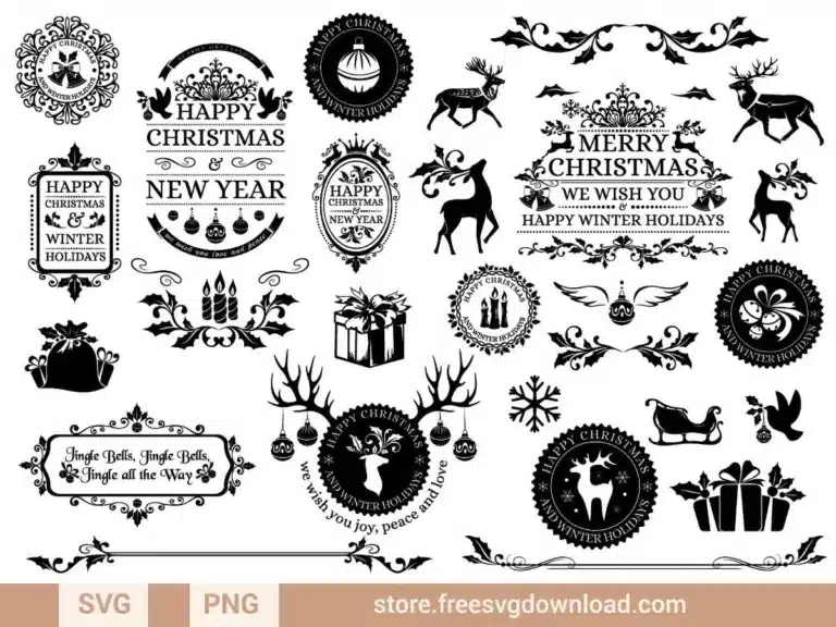 Merry Christmas and Ornaments SVG Bundle featuring decorative holiday designs and festive typography