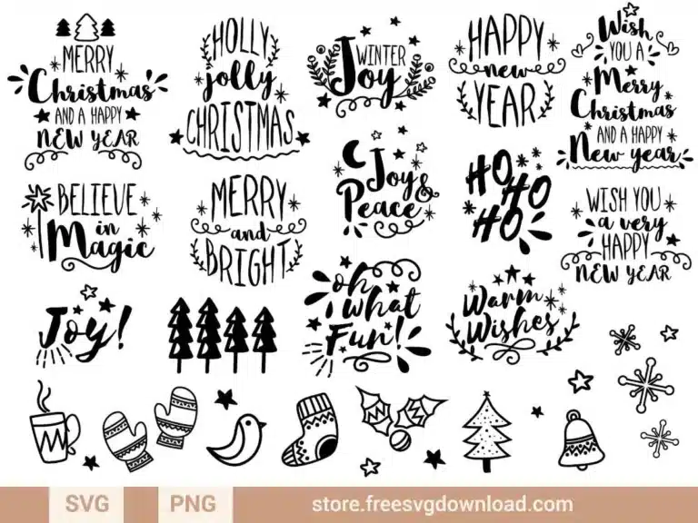 Merry and Bright SVG Bundle featuring holiday quotes and festive illustrations