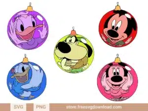 Mickey Minnie Christmas Ball SVG Bundle featuring Disney characters in festive Christmas ornament designs