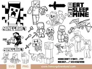 Minecraft SVG Bundle featuring pixelated characters, mobs, tools, weapons, and iconic designs like Creepers, Ender Dragon, and "Eat Sleep Mine" text.