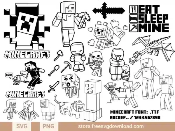 Minecraft SVG Bundle featuring pixelated characters, mobs, tools, weapons, and iconic designs like Creepers, Ender Dragon, and "Eat Sleep Mine" text.