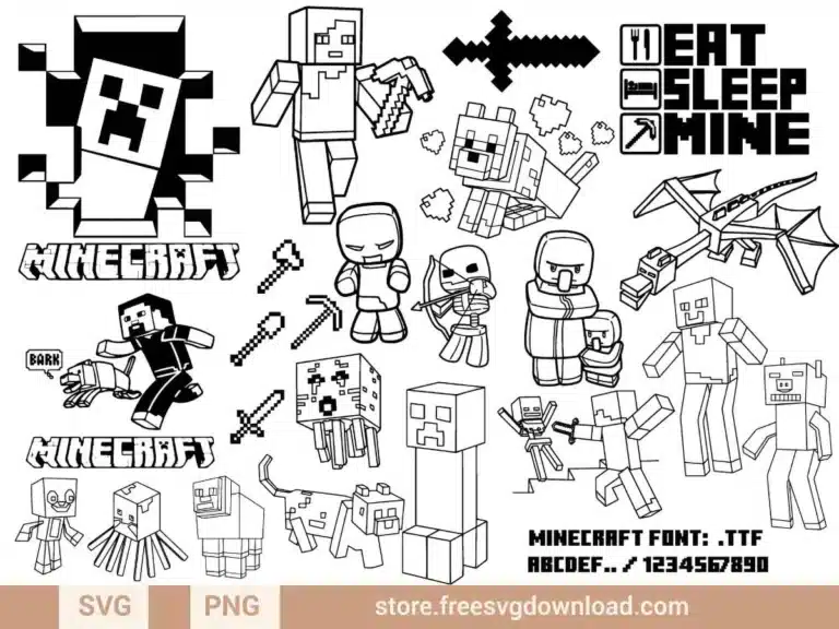 Minecraft SVG Bundle featuring pixelated characters, mobs, tools, weapons, and iconic designs like Creepers, Ender Dragon, and "Eat Sleep Mine" text.