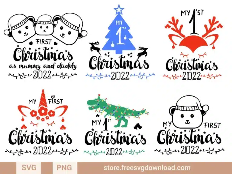 My First Christmas SVG Bundle featuring baby-themed holiday designs like reindeer, snowmen, and Christmas trees