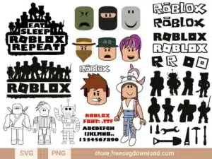 Roblox SVG Bundle featuring character silhouettes, avatars, tools, logos, and text elements, including "Eat Sleep Roblox Repeat" and a custom Roblox font.