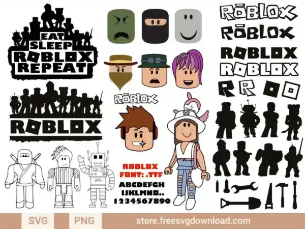 Roblox SVG Bundle featuring character silhouettes, avatars, tools, logos, and text elements, including "Eat Sleep Roblox Repeat" and a custom Roblox font.
