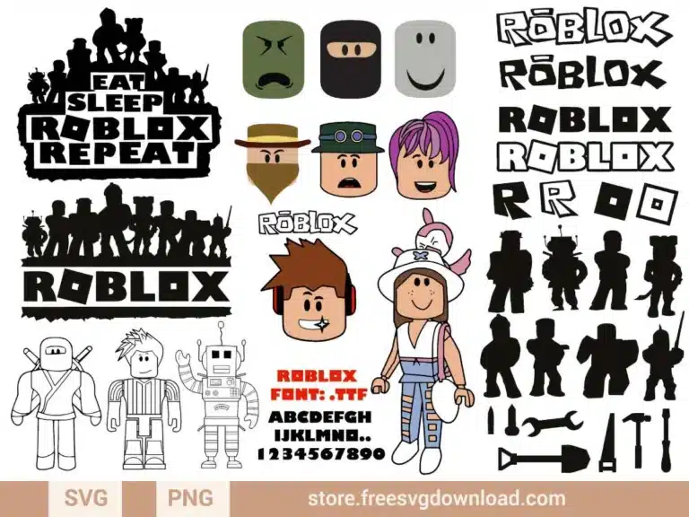 Roblox SVG Bundle featuring character silhouettes, avatars, tools, logos, and text elements, including "Eat Sleep Roblox Repeat" and a custom Roblox font.
