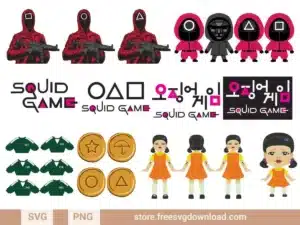 Squid Game SVG Bundle featuring guards, player uniforms, logos, and iconic symbols from the Netflix series