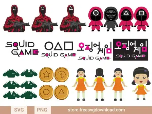 Squid Game SVG Bundle featuring guards, player uniforms, logos, and iconic symbols from the Netflix series